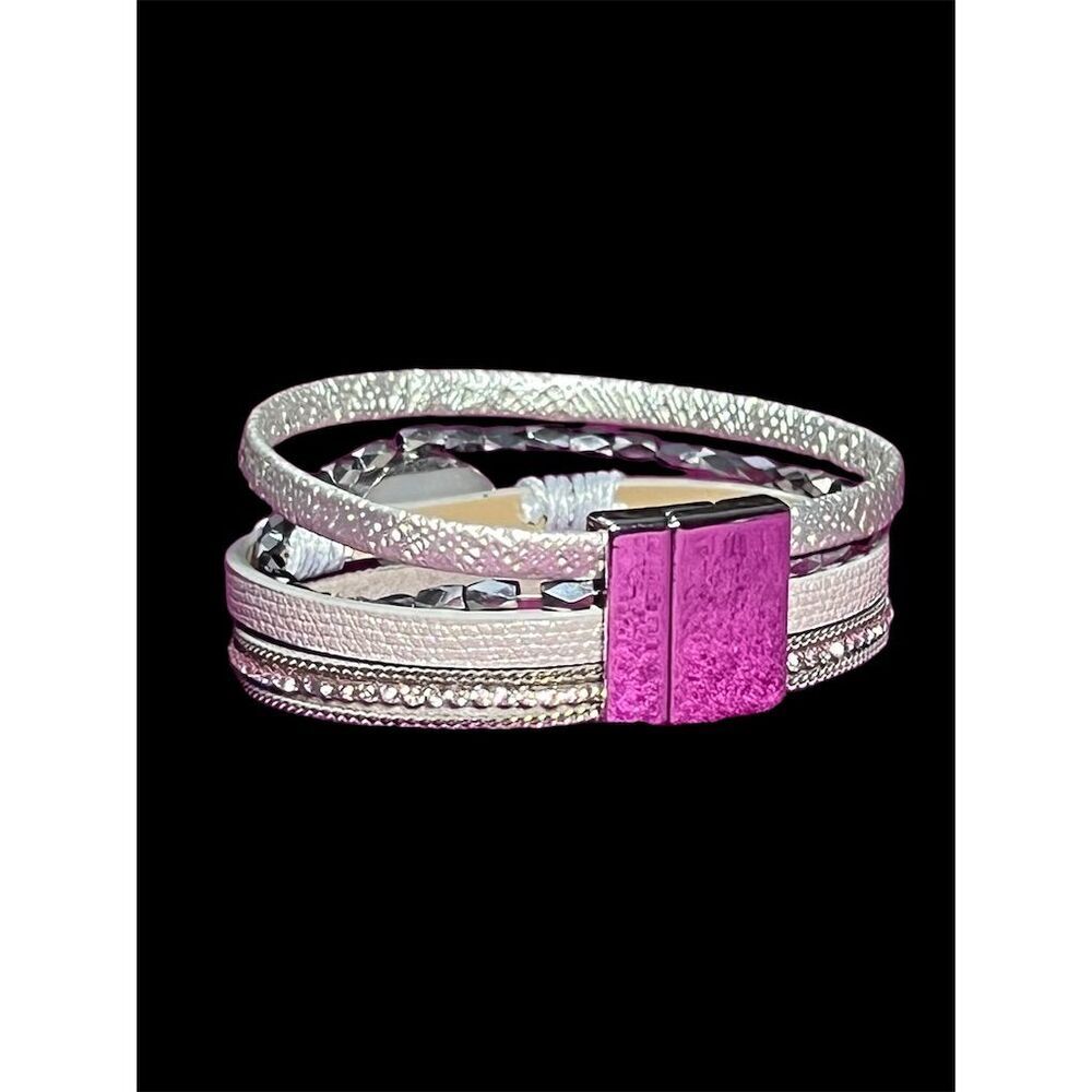 Boho Leather Wrap Bracelet with Rhinestones and Magnetic Clasp - Picture 7 of 13